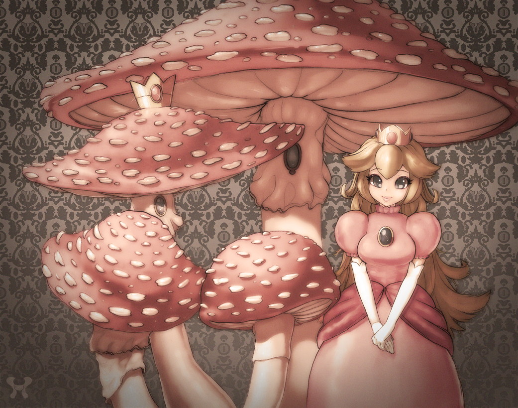 1girl blonde_hair brooch coin crown dress elbow_gloves eyelashes fly_agaric gloves grey_eyes jewelry lipstick long_hair makeup milkink mushroom oversized_plant pink_dress piranha_plant princess princess_peach puffy_short_sleeves puffy_sleeves sepia short_sleeves smile solo super_mario_bros. white_gloves