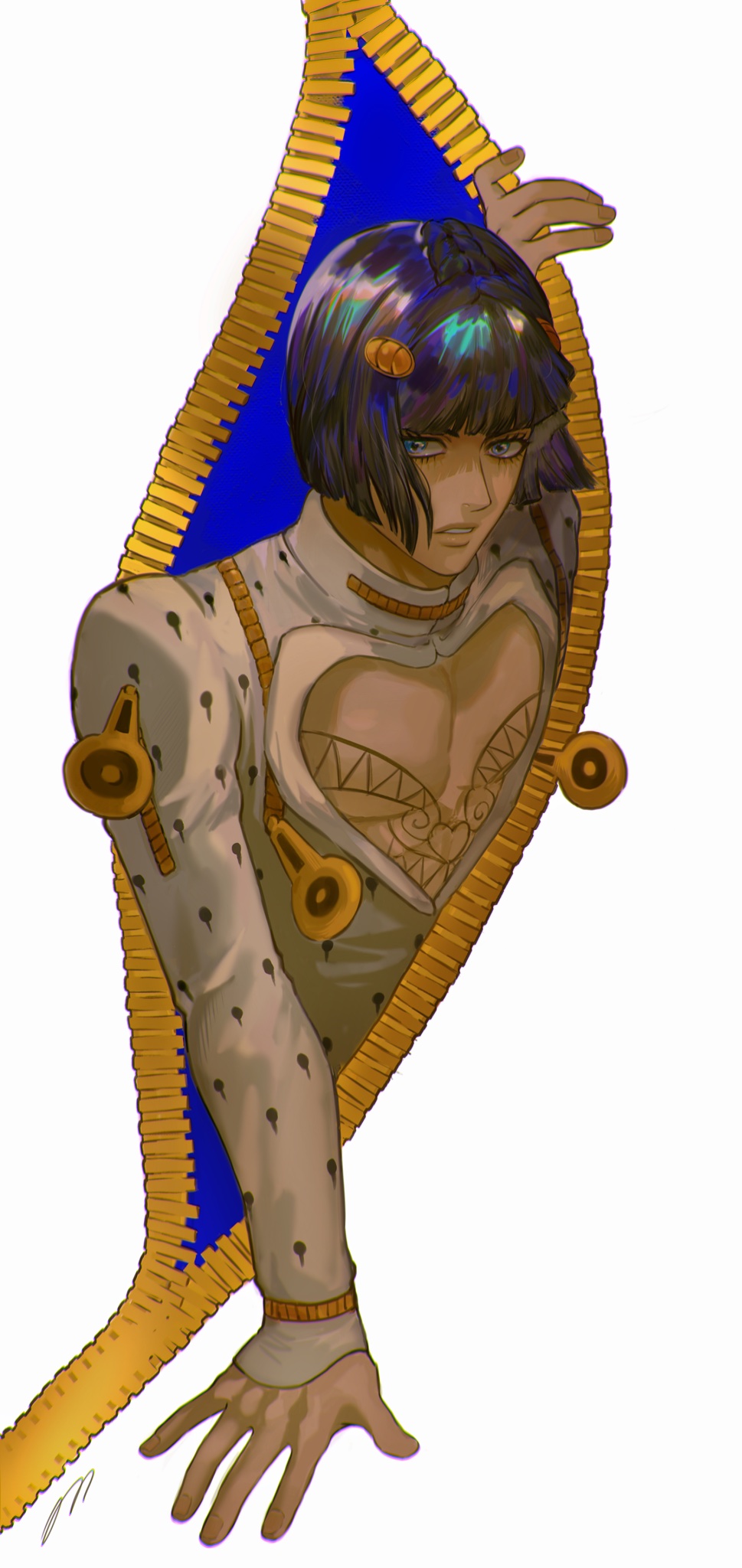 1boy black_hair blue_eyes blunt_bangs bruno_bucciarati chest_tattoo cleavage_cutout clothing_cutout hair_ornament highres jacket jojo_no_kimyou_na_bouken long_sleeves looking_at_viewer male_focus on0n parted_lips short_hair sleeves_past_wrists solo tattoo upper_body vento_aureo white_background white_jacket zipper