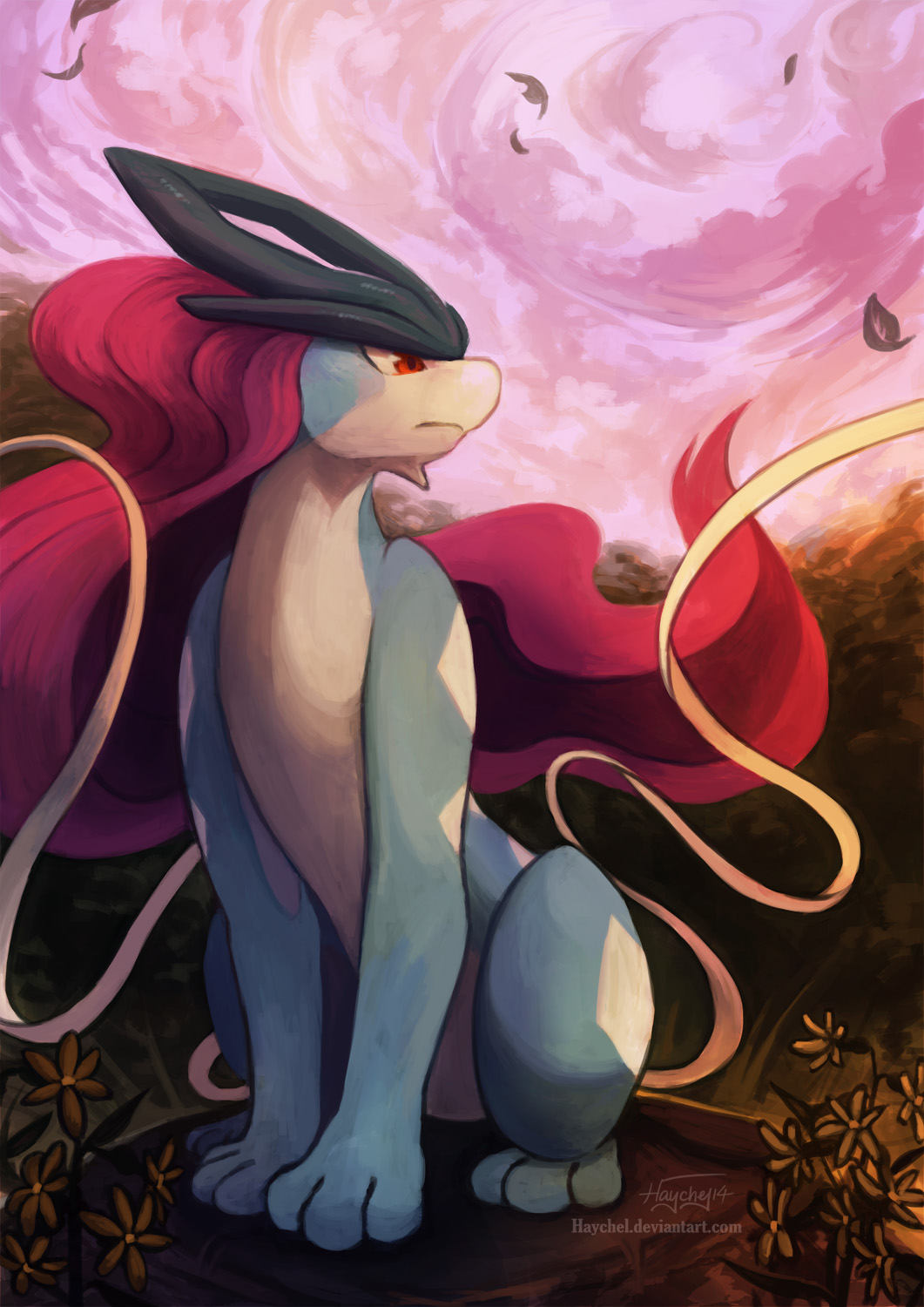 blue_fur clouds creature deviantart_username flower frown haychel highres leaf long_hair no_humans pink_hair pink_sky pokemon pokemon_(creature) red_eyes signature sitting sky solo suicune web_address yellow_flower