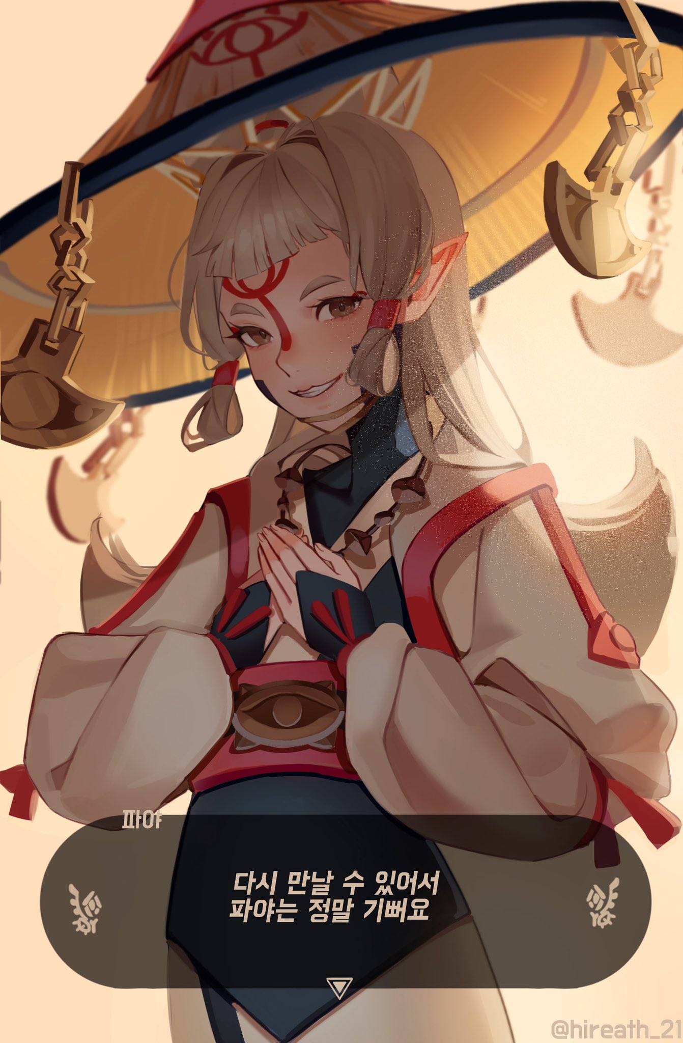 1girl cowboy_shot facial_mark forehead_mark grey_hair grin hair_ornament hands_up hat highres hireath_21 long_hair looking_at_viewer own_hands_together paya_(zelda) pointy_ears sheikah smile solo teeth the_legend_of_zelda the_legend_of_zelda:_tears_of_the_kingdom translation_request