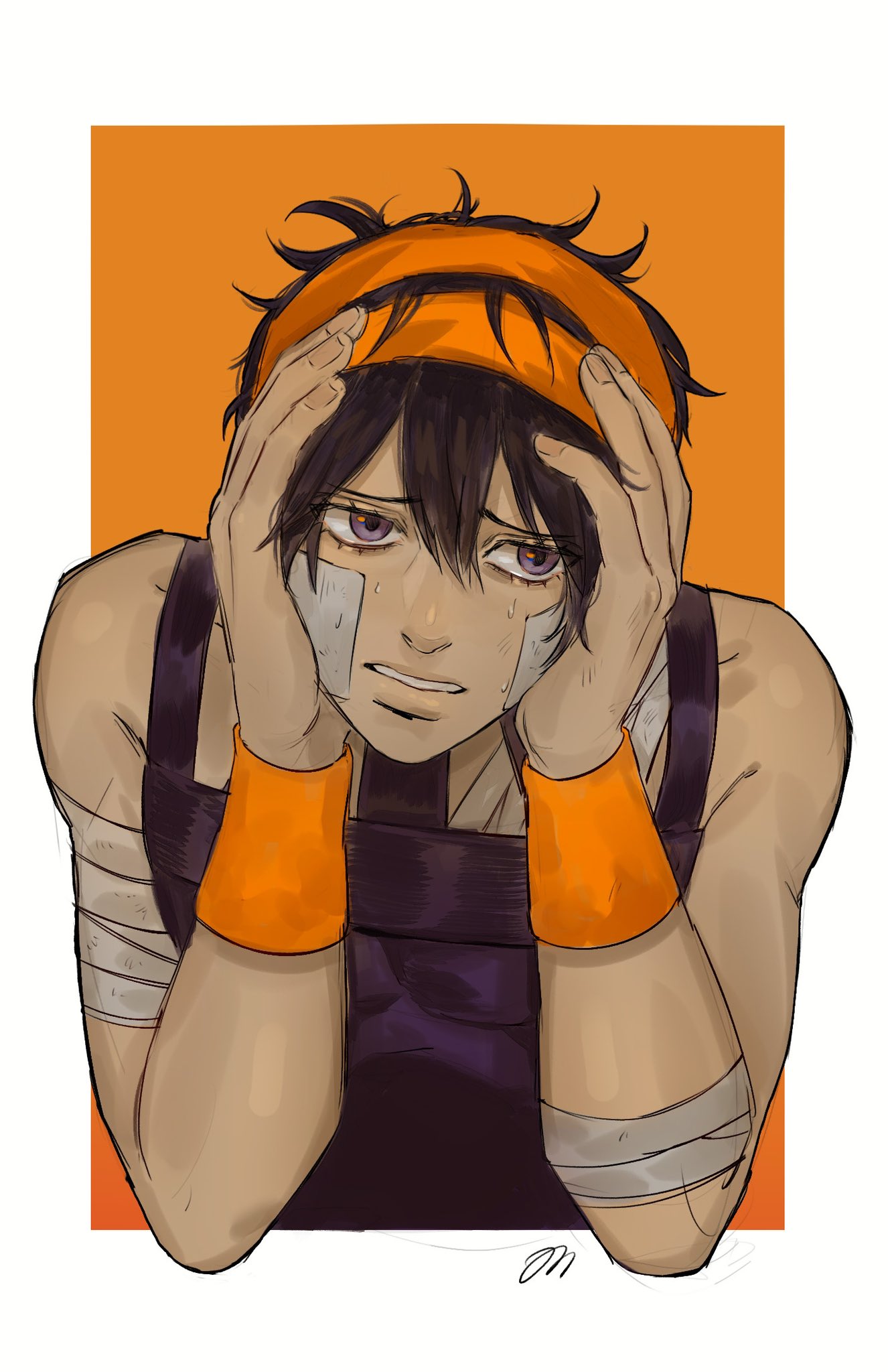 1boy bandage_on_face bandaged_arm bandages hairband hands_on_own_head hands_up highres jojo_no_kimyou_na_bouken looking_at_viewer male_focus narancia_ghirga on0n orange_hairband purple_hair purple_tank_top short_hair solo sweat tank_top upper_body vento_aureo violet_eyes wristband