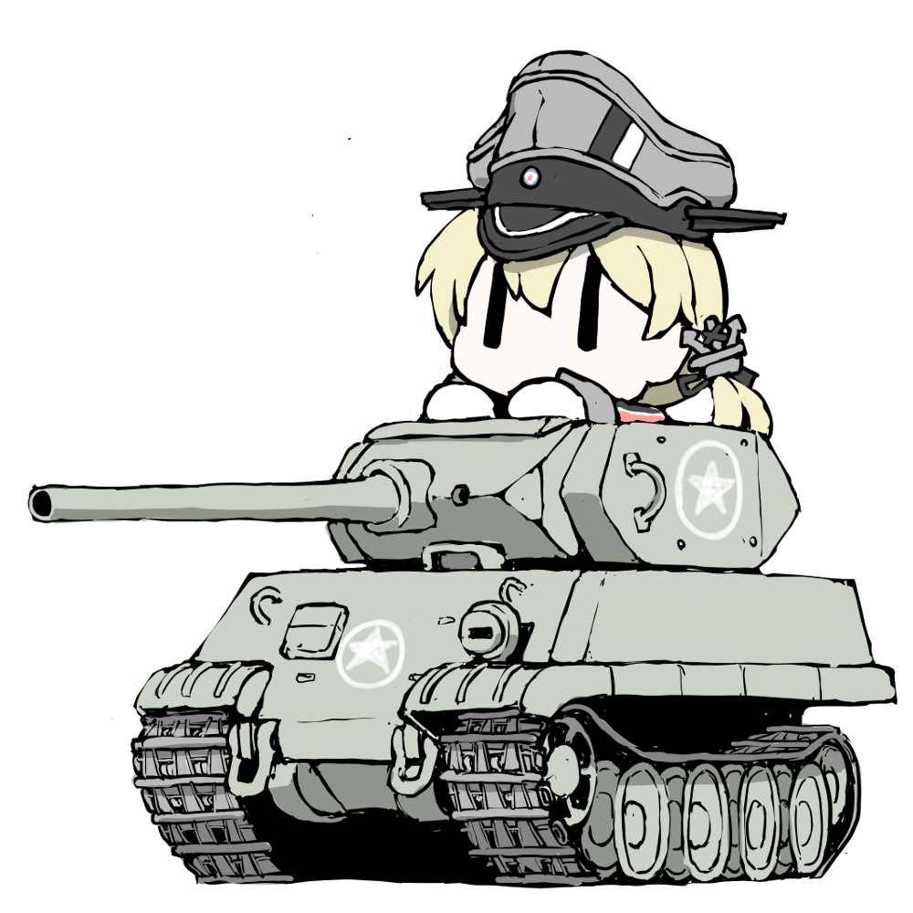 1girl anchor_hair_ornament blonde_hair caterpillar_tracks ersatz_m10 hair_ornament hat kantai_collection military military_vehicle motor_vehicle on_vehicle peaked_cap prinz_eugen_(kancolle) solid_eyes solo tank tank_destroyer task_(s_task80) |_|