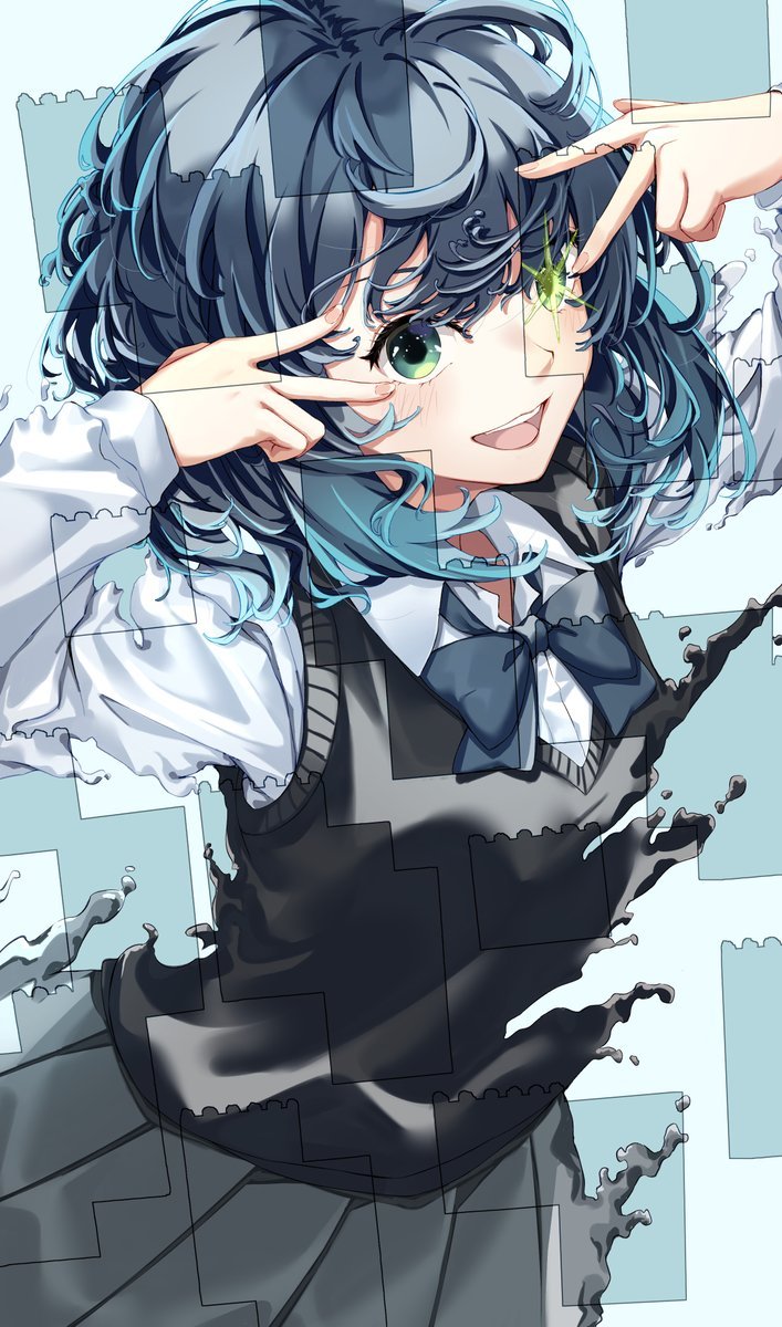 1girl black_vest blue_background blue_bow blue_bowtie blue_hair bow bowtie collared_shirt commentary dark_blue_hair double_v fingernails green_eyes grey_skirt hair_between_eyes hands_up highres kurokawa_akane long_fingernails long_sleeves looking_at_viewer multicolored_hair nail_polish open_mouth oshi_no_ko pink_nails pleated_skirt puffy_long_sleeves puffy_sleeves shirt short_hair skirt smile solo standing star-shaped_pupils star_(symbol) symbol-shaped_pupils teeth tongue two-tone_hair v vest white_shirt yu_sa1126