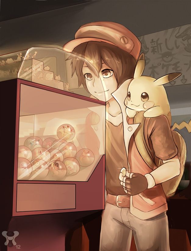 1boy backpack bag belt black_hair black_shirt bulbasaur caterpie charmander coin commentary creature creature_on_shoulder denim diglett ditto dragonair dragonite eevee electabuzz fingerless_gloves gacha gashapon gengar gloves hair_between_eyes holding holding_coin jacket jeans magmar male_focus meowth mew_(pokemon) mewtwo milkink muk on_shoulder open_clothes open_jacket pants pikachu pocket poke_ball pokemon pokemon_(creature) pokemon_(game) pokemon_rgby poliwhirl porygon raichu scyther seel sepia shirt short_hair smile squirtle translation_request vaporeon vulpix