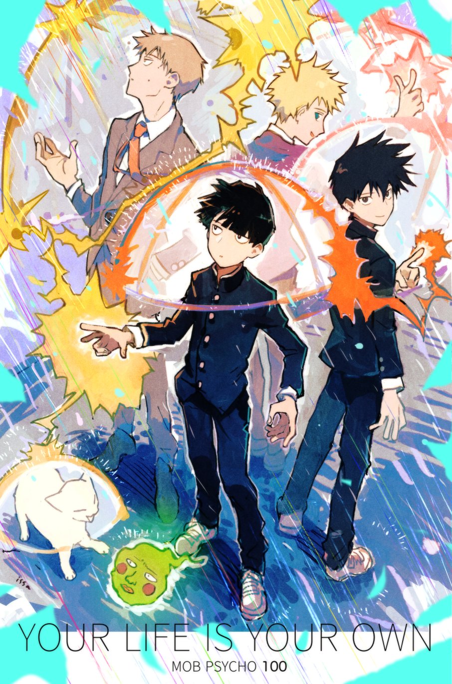 4boys animal black_eyes black_hair black_jacket black_pants blonde_hair blue_eyes bowl_cut cat closed_mouth copyright_name ekubo_(mob_psycho_100) english_text formal full_body gakuran ghost grey_jacket grey_pants grey_suit hanazawa_teruki hand_up highres isasasa001 jacket kageyama_ritsu kageyama_shigeo long_sleeves looking_at_viewer looking_away male_focus mob_psycho_100 multiple_boys necktie orange_necktie pants purple_jacket rain reigen_arataka school_uniform shoes short_hair smile suit sweatdrop white_footwear