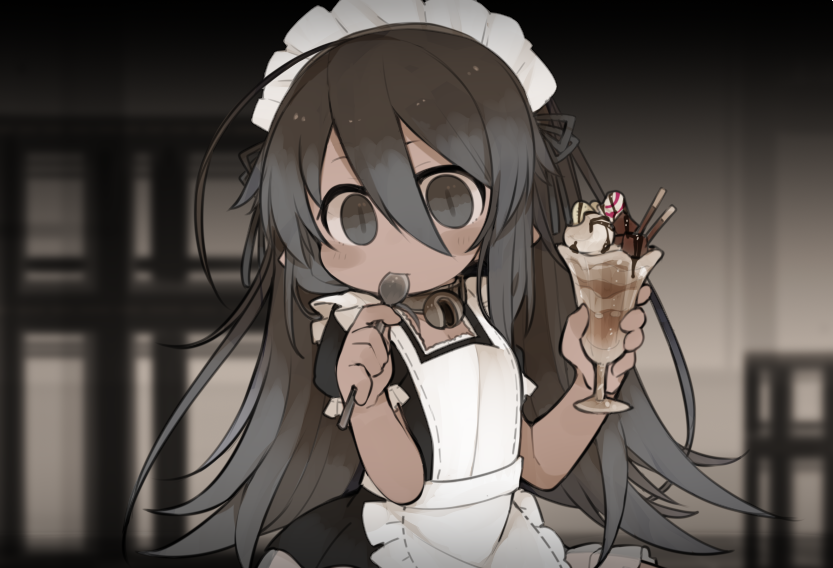 1girl ahoge alternate_costume apron bell black_dress blurry blush chocolate closed_mouth collar commentary_request cup dark-skinned_female dark_skin dress enmaided frilled_apron frilled_sleeves frills grey_eyes grey_hair grey_ribbon hair_between_eyes hands_up holding holding_cup holding_spoon jingle_bell kisaragi_kaya long_hair looking_at_viewer looking_to_the_side maid maid_headdress neck_bell original parfait puffy_short_sleeves puffy_sleeves short_sleeves slit_pupils solo spoon utensil_in_mouth white_apron yste