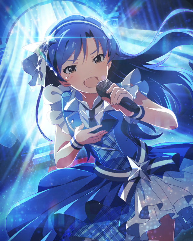 1girl blue_dress blue_hair blue_headband brown_eyes curtains dress headband idolmaster idolmaster_(classic) idolmaster_million_live! idolmaster_million_live!_theater_days kisaragi_chihaya long_dress long_hair microphone music necktie official_art open_mouth singing sleeveless sleeveless_dress