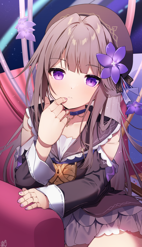 1girl beret blue_collar brown_dress brown_hair brown_headwear closed_mouth collar collarbone couch doll_joints dress finger_to_mouth flower hair_ornament hand_up hat herta_(honkai:_star_rail) honkai:_star_rail honkai_(series) joints keyhole lock long_hair long_sleeves looking_at_viewer omuretsu on_couch purple_flower solo very_long_hair violet_eyes