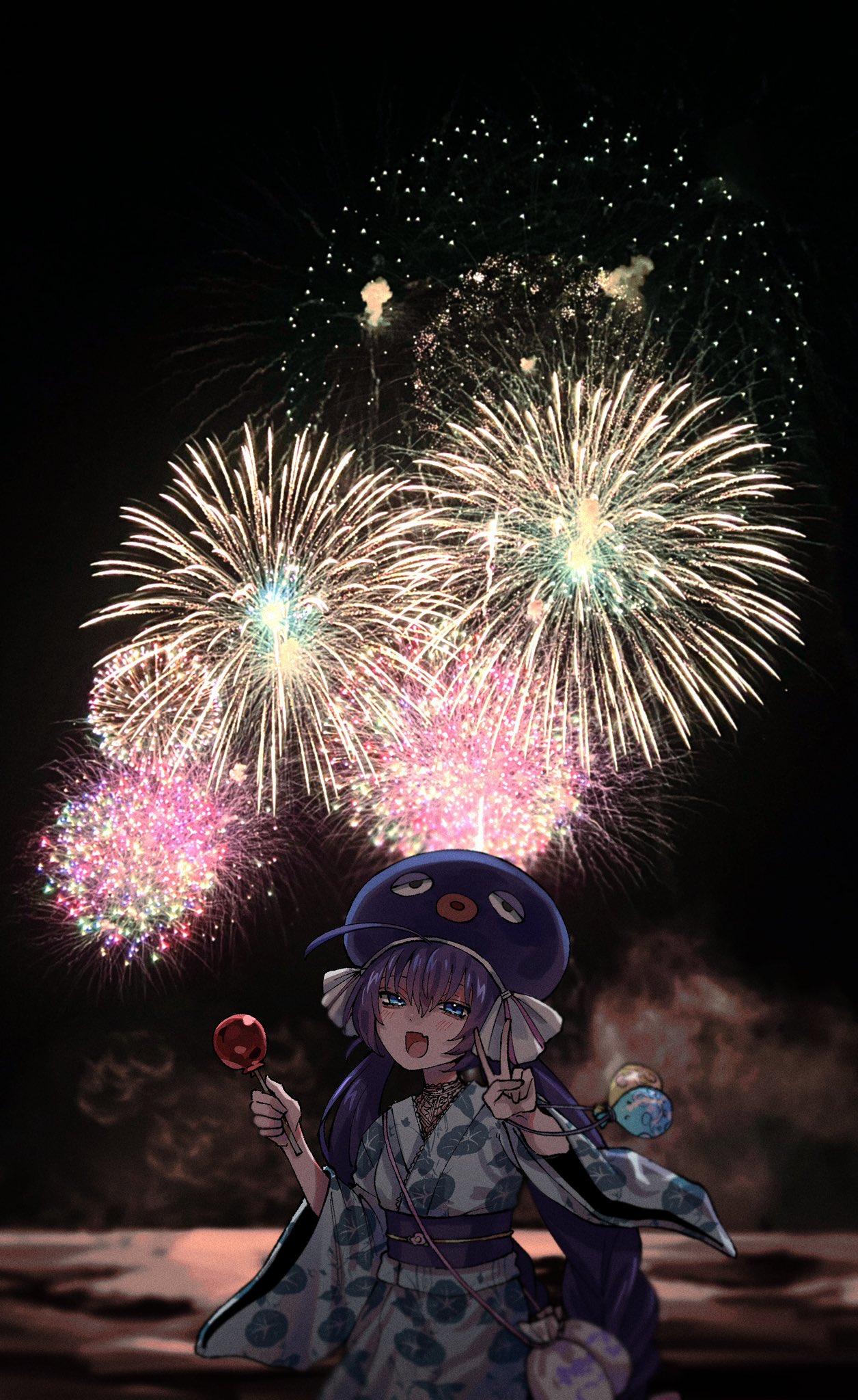 1girl aerial_fireworks ahoge alternate_costume backlighting bag blue_eyes blue_hair blue_kimono blurry blush candy_apple commentary_request cowboy_shot depth_of_field dokusanchu eel_hat fang fireworks floral_print food hair_ribbon half-closed_eyes hands_up highres holding holding_food japanese_clothes kimono lace long_hair looking_at_viewer low_twintails night obi obijime open_mouth otomachi_una outdoors outstretched_hand print_kimono ribbon sash shoulder_bag skin_fang smile solo twintails v very_long_hair vocaloid water_yoyo white_ribbon wide_sleeves