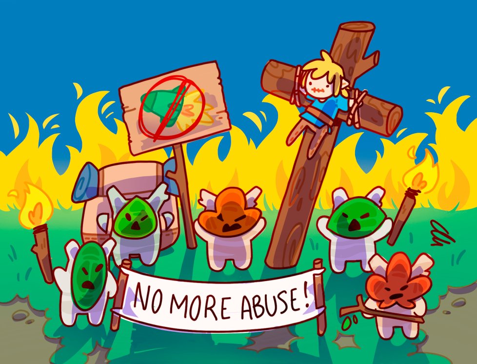 5others angry anytiny backpack bag banner blue_sky character_doll chibi commentary crucifixion english_commentary english_text fire gameplay_mechanics grass holding holding_torch korok link multiple_others outdoors protest sign sky the_legend_of_zelda the_legend_of_zelda:_tears_of_the_kingdom torch