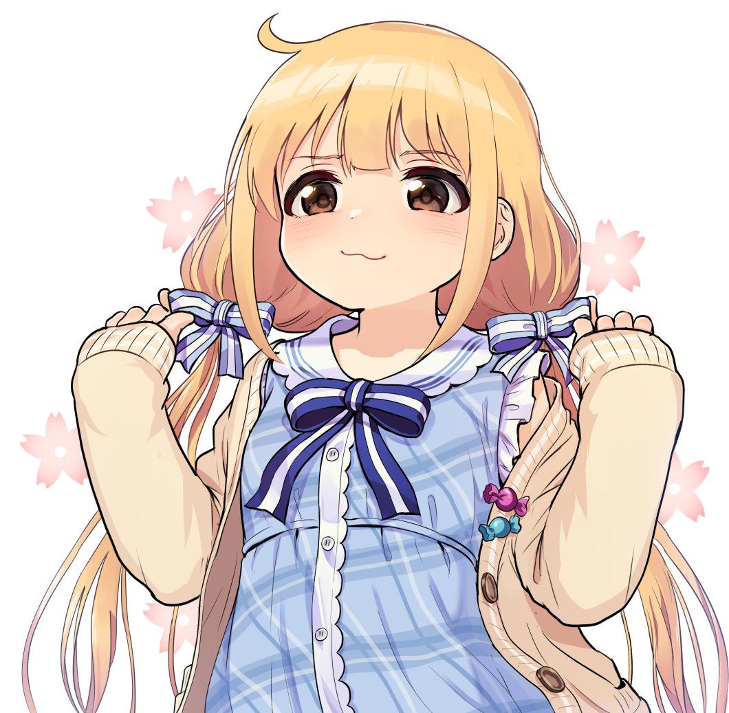 1girl :3 blonde_hair blue_bow blue_bowtie blue_dress blue_ribbon blush bow bowtie brown_eyes cardigan cowlick dress flower futaba_anzu hair_ribbon idolmaster idolmaster_cinderella_girls kamille_(vcx68) low_twintails open_cardigan open_clothes ribbon sleeves_past_wrists smile solo striped striped_ribbon twintails white_background wrapped_candy yellow_cardigan