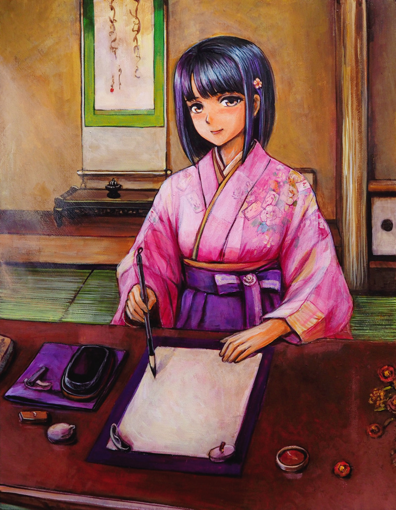 1girl bamboo_scroll brown_eyes brush_rest calligraphy calligraphy_brush floral_print flower hair_flower hair_ornament hakama holding holding_brush indoors ink inkstone japanese_clothes kimono light_smile long_sleeves looking_at_viewer medium_hair original paintbrush pink_kimono purple_hair scroll sitting solo table tafuto tatami traditional_media wide_sleeves