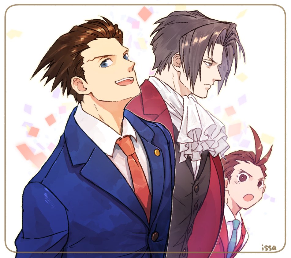 3boys ace_attorney apollo_justice apollo_justice:_ace_attorney ascot black_eyes black_hair black_vest blue_eyes blue_jacket blue_necktie blue_suit closed_mouth collared_shirt formal grey_eyes grey_hair isasasa001 jacket looking_at_viewer looking_away male_focus miles_edgeworth multiple_boys necktie open_mouth phoenix_wright profile red_jacket red_necktie red_vest shirt short_hair smile suit upper_body vest white_background white_shirt