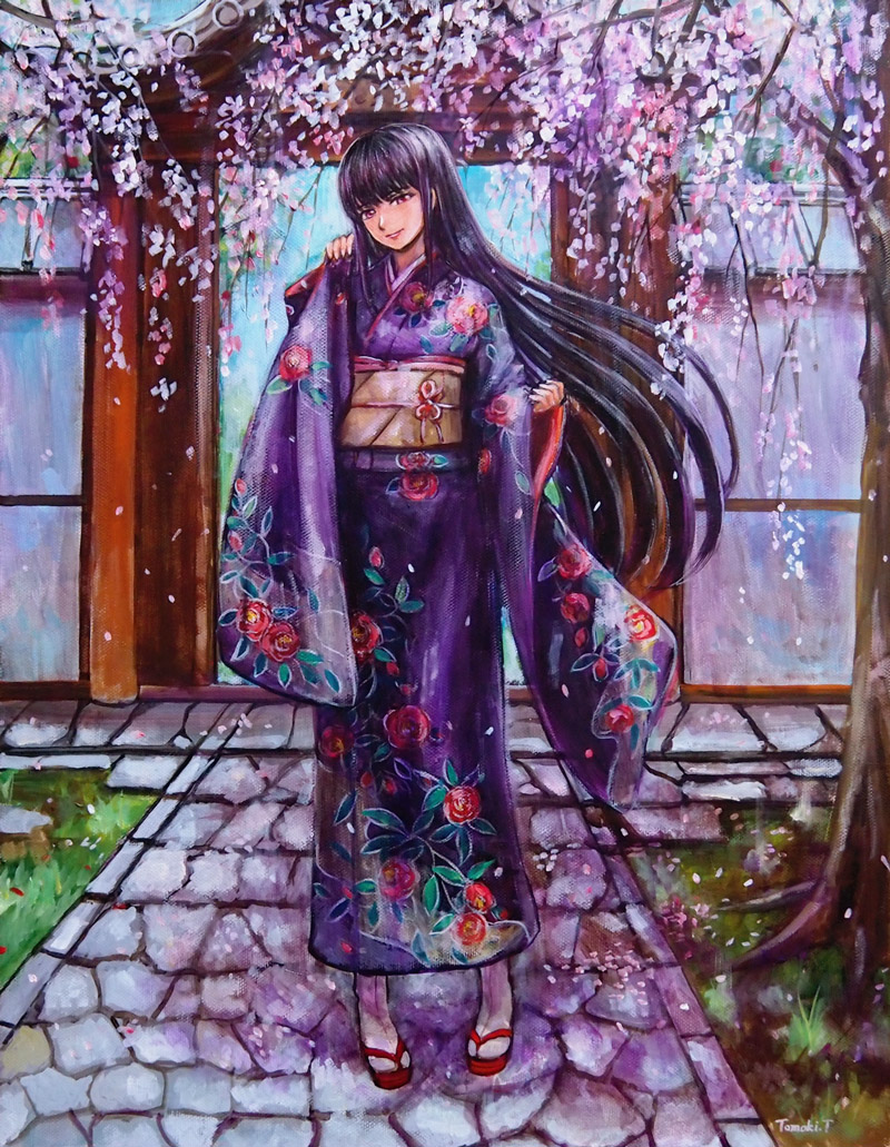 1girl black_hair branch cherry_blossoms commentary_request falling_petals floral_print flower full_body japanese_clothes kimono long_hair long_sleeves looking_at_viewer obi original outdoors petals sandals sash smile solo standing tabi tafuto traditional_media tree very_long_hair violet_eyes wide_sleeves