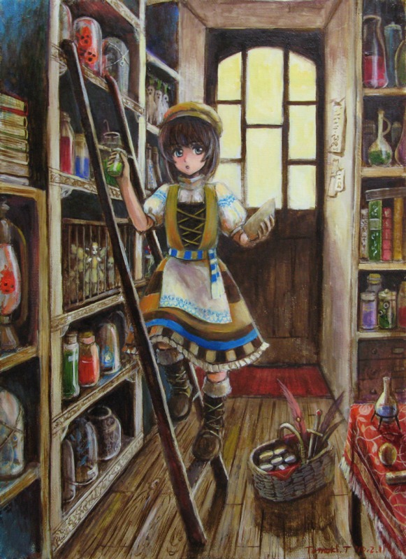 1girl apron artist_name basket book book_stack bookshelf boots brown_hair cage dagger dated door dress feathers full_body hat holding indoors jar knife ladder looking_at_viewer medium_hair on_ladder open_mouth original puffy_sleeves red_carpet shelf shop short_sleeves signature skirt solo striped table tablecloth tafuto traditional_media vial weapon window