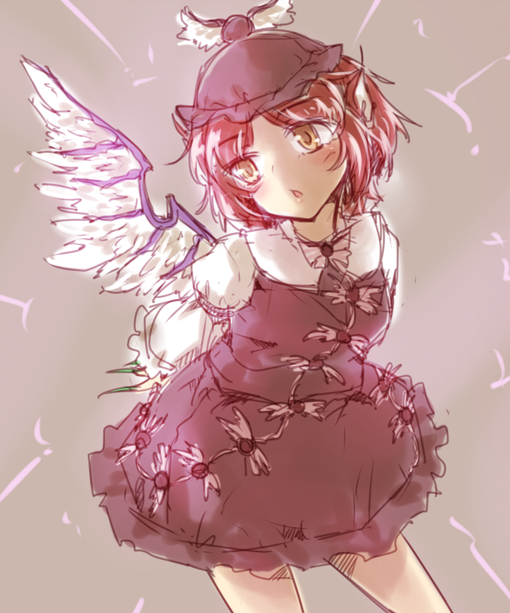 1girl animal_ears bird_ears bird_wings blush brown_dress brown_headwear collared_shirt cowboy_shot dress fingernails frilled_sleeves frills green_nails grey_background hat highres hourai_kochou long_fingernails long_sleeves mystia_lorelei nail_polish open_mouth pink_hair sharp_fingernails shirt short_hair simple_background sketch sleeve_garter solo touhou white_shirt white_wings wide_sleeves winged_hat wings yellow_eyes
