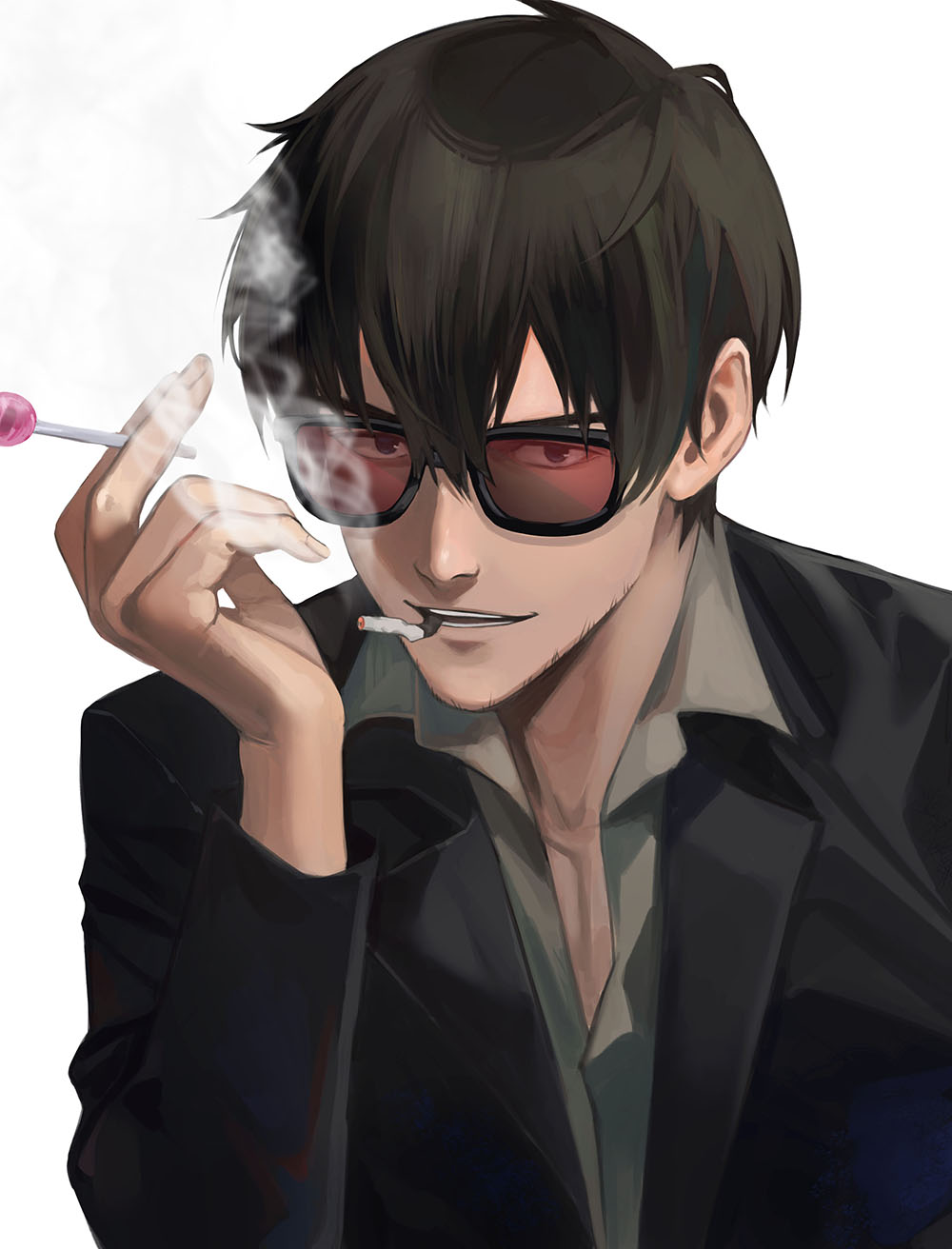 1boy black_eyes black_hair black_jacket candy cigarette collared_shirt food grey_shirt hand_up highres holding holding_candy holding_food holding_lollipop jacket lollipop long_sleeves male_focus mouth_hold nicholas_d._wolfwood partially_unbuttoned shirt short_hair simple_background smile smoke smoking solo sunglasses trigun trigun_stampede tte_(t_ombi) white_background