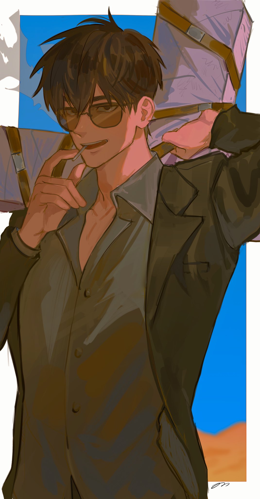 1boy arm_up black_eyes black_hair black_jacket cigarette collared_shirt cowboy_shot cross grey_shirt hand_up highres jacket long_sleeves looking_at_viewer male_focus mouth_hold nicholas_d._wolfwood on0n open_mouth over_shoulder partially_unbuttoned shirt short_hair smile solo standing sunglasses trigun trigun_stampede