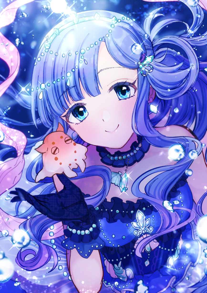 1girl air_bubble asari_nanami bare_shoulders bead_bracelet bead_necklace beads bintaptyo blue_background blue_choker blue_dress blue_eyes blue_hair blush bracelet breasts bubble choker closed_mouth dot_nose dress frilled_dress frills glint gloves hair_ornament hair_rings hand_up highres idolmaster idolmaster_cinderella_girls idolmaster_cinderella_girls_starlight_stage jewelry long_hair looking_at_viewer medium_breasts necklace pink_shawl purple_gloves shawl shell sleeveless sleeveless_dress smile solo upper_body very_long_hair
