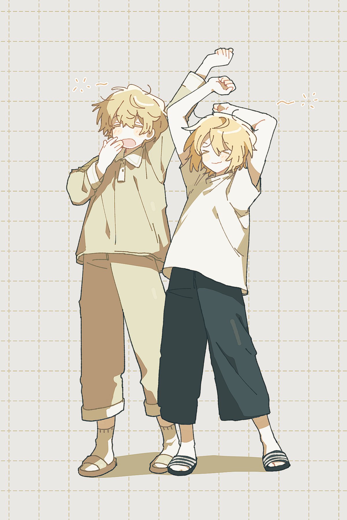 &gt;_&lt; 1boy 1girl alternate_costume arm_up arms_up blonde_hair casual closed_eyes closed_mouth collared_shirt don_quixote_(limbus_company) full_body grid_background hand_to_own_mouth highres korean_commentary limbus_company long_sleeves messy_hair n4me_m3m open_mouth pajamas project_moon shirt short_hair short_sleeves simple_background sinclair_(limbus_company) sleepy slippers socks standing stretching white_background white_shirt white_socks yawning