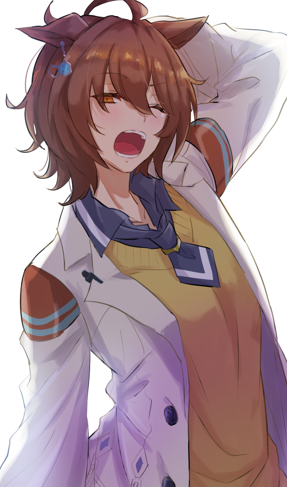 1girl 82hanico agnes_tachyon_(umamusume) ahoge arm_behind_head arm_up black_necktie brown_hair chemical_structure coat collared_shirt earrings hair_between_eyes jewelry lab_coat long_sleeves looking_at_viewer messy_hair necktie one_eye_closed open_mouth pen shirt short_hair simple_background single_earring solo sweater umamusume upper_body white_background white_coat yawning yellow_sweater