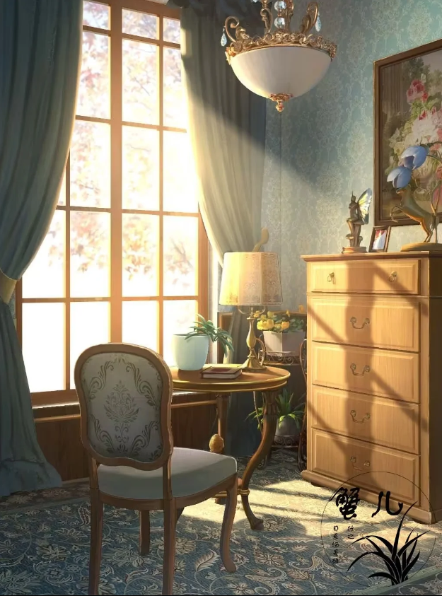 artist_logo book ceiling_light chair curtains desk_lamp drawer indoors lamp no_humans original painting_(object) plant potted_plant scenery sunlight table window xingzhi_lv