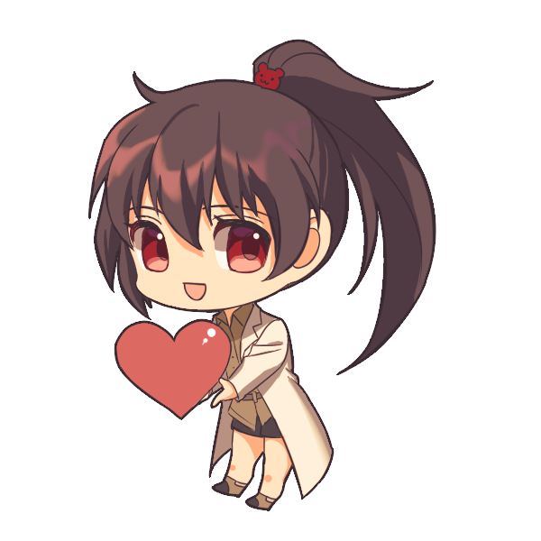 1girl bear_hair_ornament black_shorts brown_hair carmen_(project_moon) chibi collared_shirt commentary_request green_shirt hair_ornament heart ktsis lab_coat lobotomy_corporation long_hair long_sleeves no_nose open_mouth ponytail project_moon red_eyes shirt shorts simple_background smile solo transparent_background