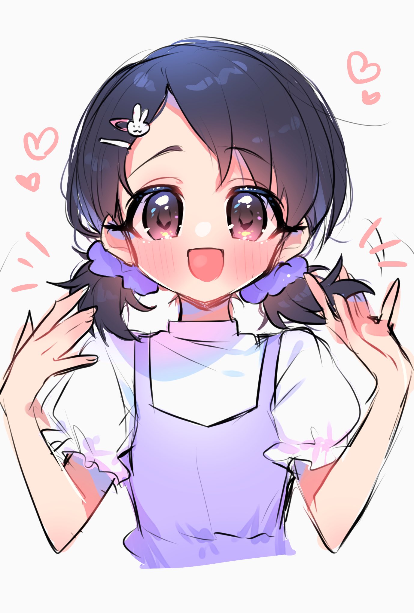 1girl adachi_(nogami_nono) black_hair blush cropped_torso dress heart highres idolmaster idolmaster_cinderella_girls looking_at_viewer parted_bangs pinafore_dress puffy_short_sleeves puffy_sleeves purple_dress sasaki_chie shirt short_sleeves short_twintails simple_background sleeveless sleeveless_dress smile solo twintails upper_body white_background white_shirt