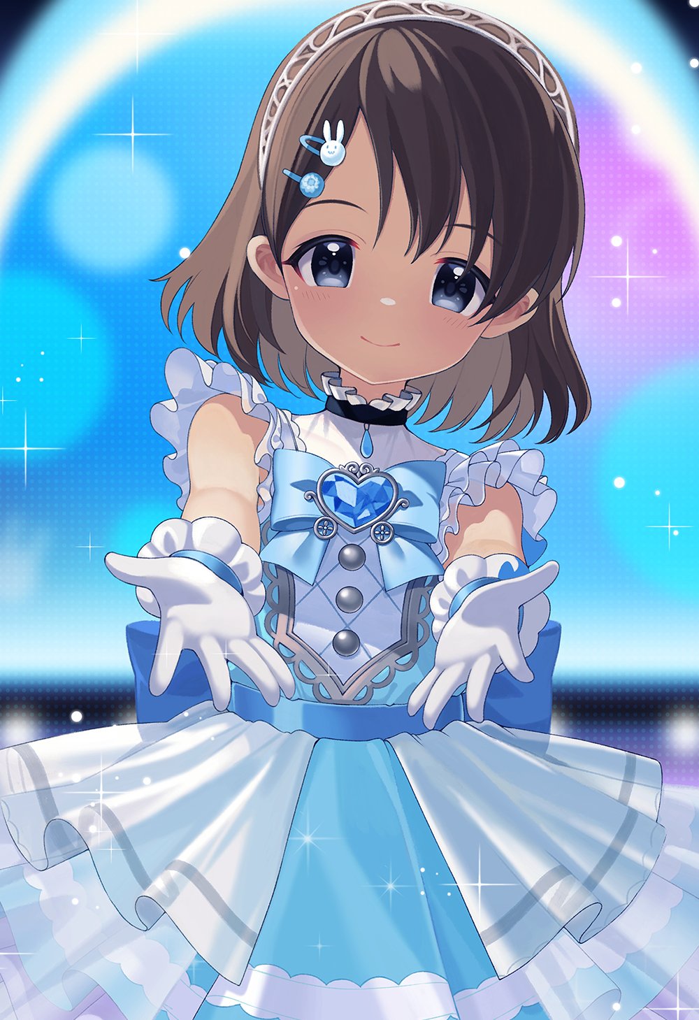 1girl back_bow black_eyes blue_bow blue_bowtie blue_dress bow bowtie brooch brown_hair commentary_request dress eskimofox female_child frilled_dress frills gloves hair_ornament hairband hairclip hands_up heart heart_brooch highres idol idolmaster idolmaster_cinderella_girls idolmaster_cinderella_girls_u149 jewelry layered_dress light_blush looking_at_viewer rabbit_hair_ornament sasaki_chie screen see-through short_hair sleeveless sleeveless_dress smile solo sparkle stage white_gloves