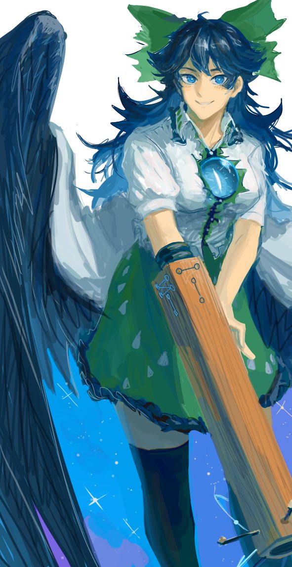 1girl alternate_eye_color arm_cannon atom bird_wings black_hair black_thighhighs black_wings blue_eyes bow breasts buttons cape collared_shirt commentary_request control_rod feet_out_of_frame frilled_shirt_collar frilled_skirt frills green_bow green_skirt grin hair_bow howah18 long_hair looking_at_viewer medium_breasts messy_hair print_cape reiuji_utsuho shirt short_sleeves skirt smile solo starry_sky_print thigh-highs third_eye touhou weapon white_cape white_shirt wings