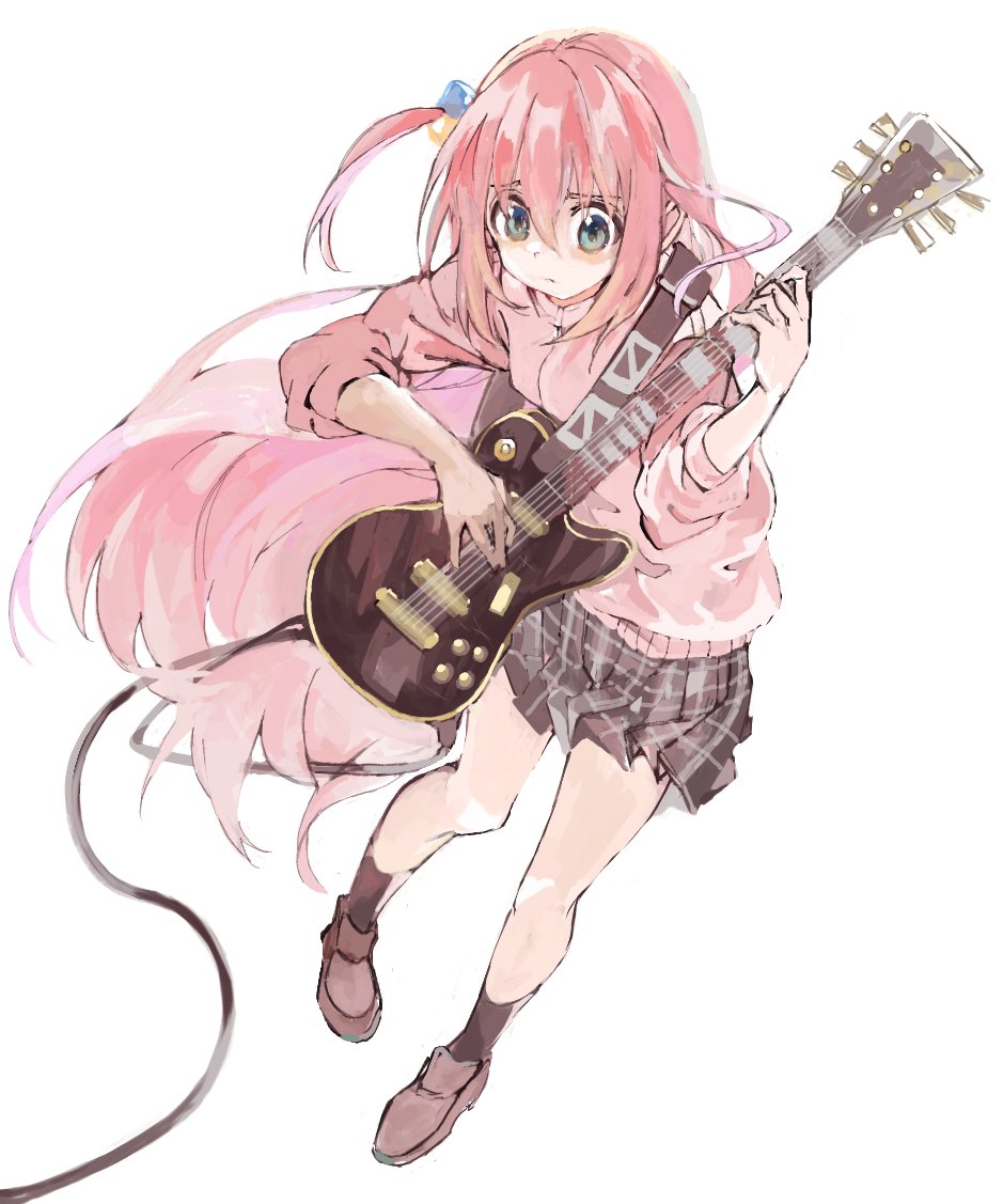 1girl black_skirt black_socks blue_eyes bocchi_the_rock! brown_footwear closed_mouth cube_hair_ornament electric_guitar full_body gotou_hitori guitar hair_between_eyes hair_ornament holding holding_instrument instrument jacket konabetate loafers long_hair music one_side_up pink_hair pink_jacket plaid plaid_skirt playing_instrument pleated_skirt shoes simple_background skirt socks solo track_jacket white_background