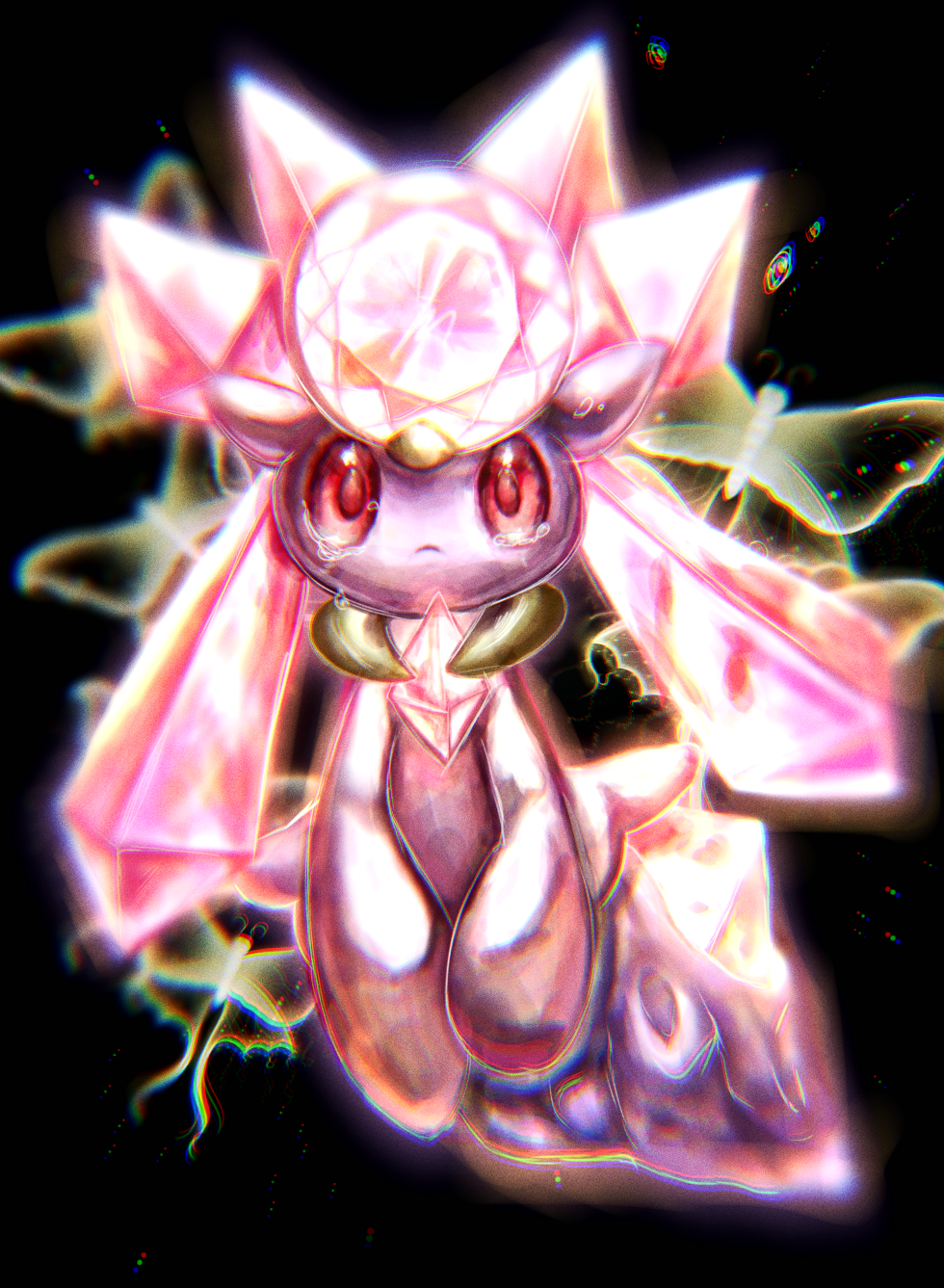 1girl animal_ears black_background bug butterfly chest_jewel chromatic_aberration closed_mouth colored_sclera colored_skin commentary_request diancie highres long_hair looking_at_viewer pink_gemstone pink_hair pokemon pokemon_(creature) purple_skin red_eyes red_sclera sad simple_background solo tears tensaitou_tou twintails wide-eyed