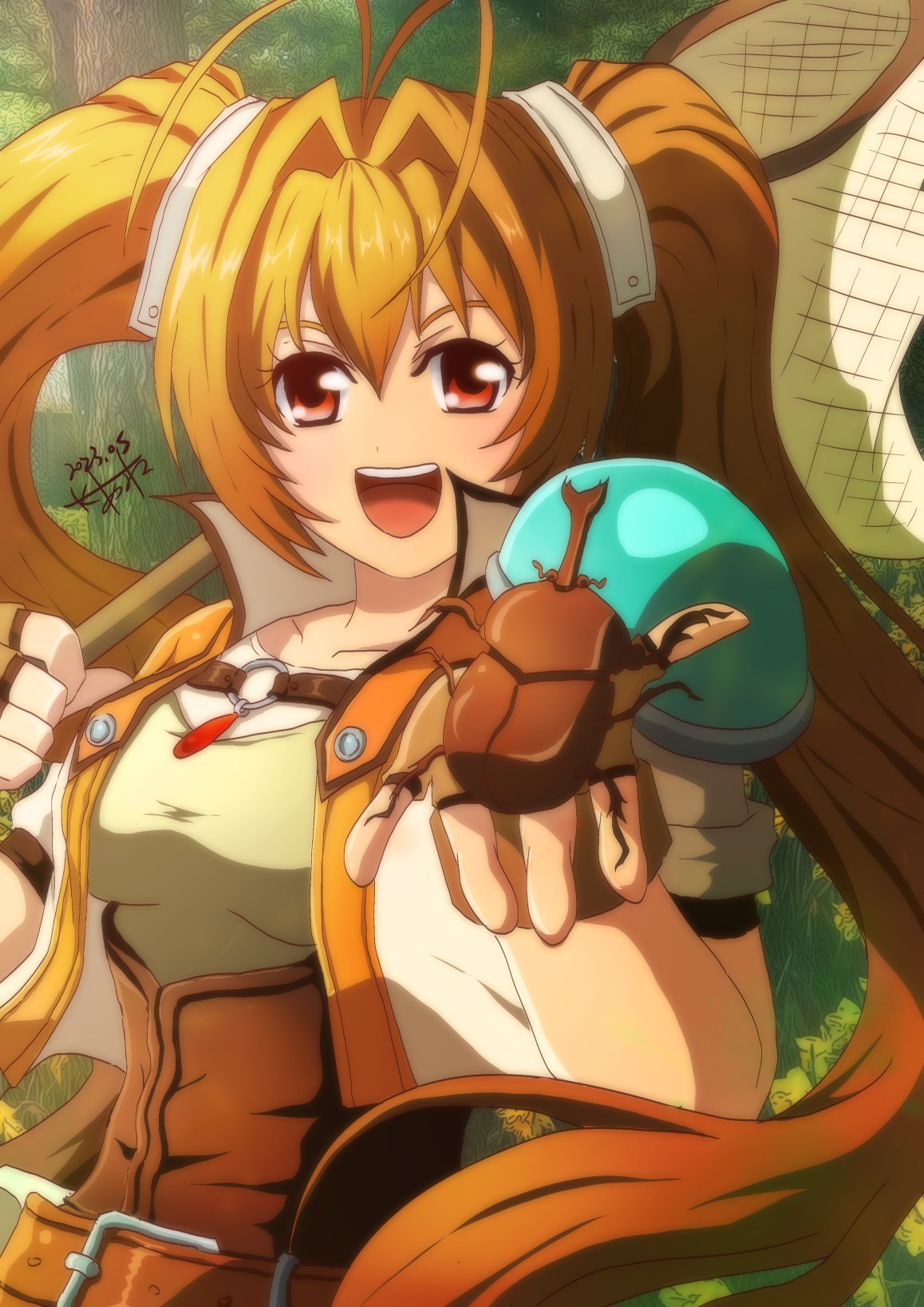akane_kazami antenna_hair armor beetle brown_hair bug butterfly_net cropped_jacket dated eiyuu_densetsu estelle_bright fingerless_gloves gloves hand_net highres jewelry looking_at_viewer necklace open_mouth outdoors pauldrons red_eyes rhinoceros_beetle shoulder_armor sidelocks signature single_pauldron smile sora_no_kiseki tree twintails