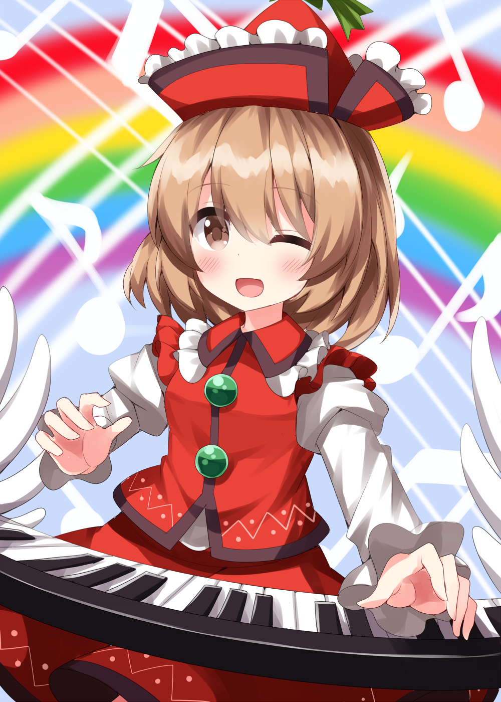 1girl blush brown_eyes brown_hair eighth_note hair_between_eyes hat highres instrument keyboard_(instrument) long_sleeves looking_at_viewer lyrica_prismriver musical_note one_eye_closed open_mouth rainbow red_headwear red_skirt red_vest ruu_(tksymkw) shirt short_hair skirt smile solo touhou vest white_shirt