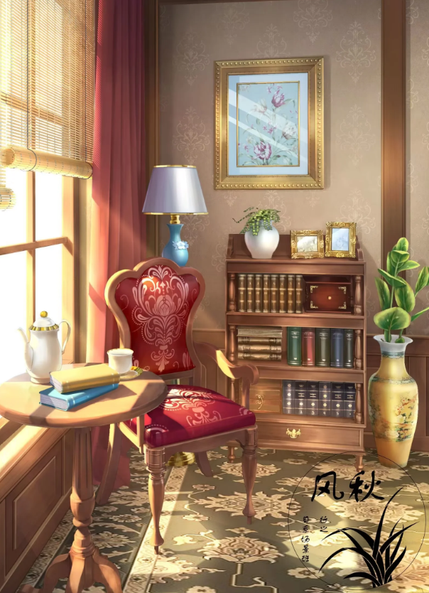 artist_logo book chair curtains desk_lamp indoors lamp no_humans original painting_(object) plant potted_plant scenery shelf table teapot vase xingzhi_lv