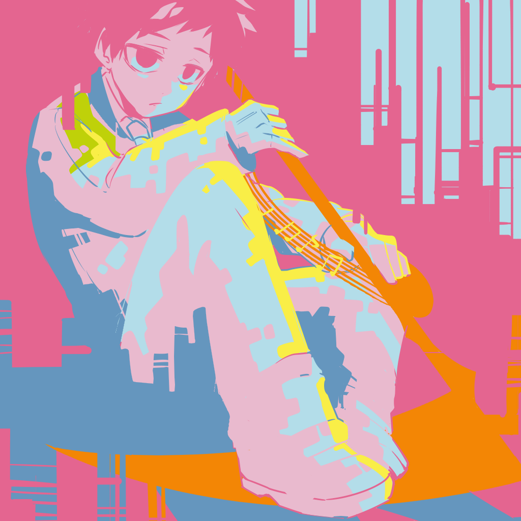 1boy closed_mouth collared_shirt commentary_request employee_(lobotomy_corporation) empty_eyes gloves jacket limited_palette lobotomy_corporation long_sleeves male_focus musical_note necktie pants project_moon sanpaku shirt short_hair sitting solo sumuna_sunaco