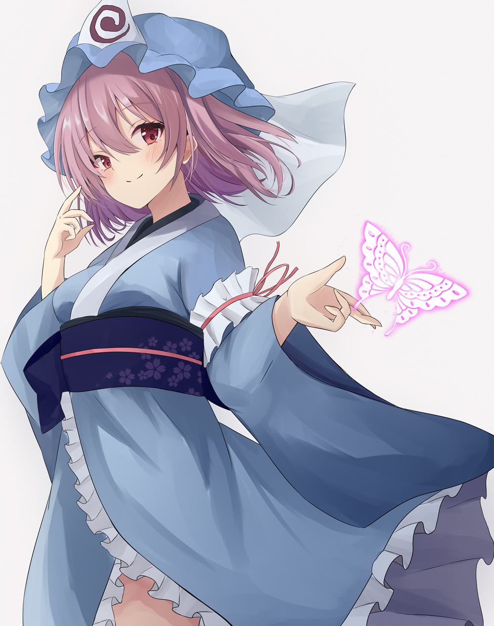 1girl atory blue_headwear blue_kimono closed_mouth commentary frilled_kimono frills grey_background hat highres japanese_clothes kimono long_sleeves looking_at_viewer mob_cap pink_hair red_eyes saigyouji_yuyuko sash short_hair simple_background smile solo touhou triangular_headpiece wide_sleeves