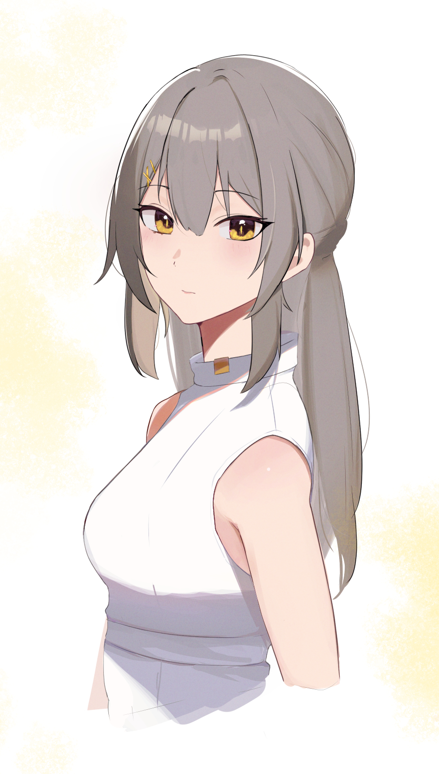 1girl bare_shoulders closed_mouth cropped_arms cropped_torso from_side grey_hair hair_between_eyes highres honkai:_star_rail honkai_(series) ku_roiko long_hair looking_at_viewer looking_to_the_side shirt sidelocks sleeveless sleeveless_shirt solo stelle_(honkai:_star_rail) trailblazer_(honkai:_star_rail) upper_body white_shirt yellow_eyes