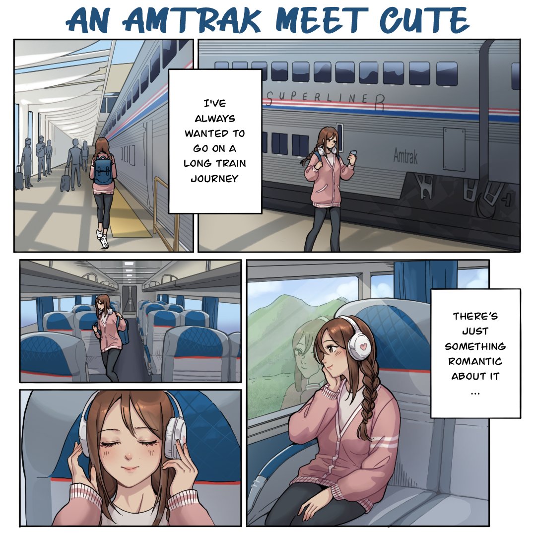 1girl amtrak artist_request backpack bag black_leggings blue_bag blue_curtain braid breasts brown_eyes brown_hair cellphone closed_mouth commentary curtains day english_commentary english_text headphones heart holding holding_phone left-to-right_manga leggings long_sleeves looking_at_phone looking_outside medium_hair original phone pink_sweater_vest rolling_suitcase shoes sitting small_breasts smartphone smile sneakers solo suitcase sweater_vest train train_interior train_station twin_braids walking white_footwear window