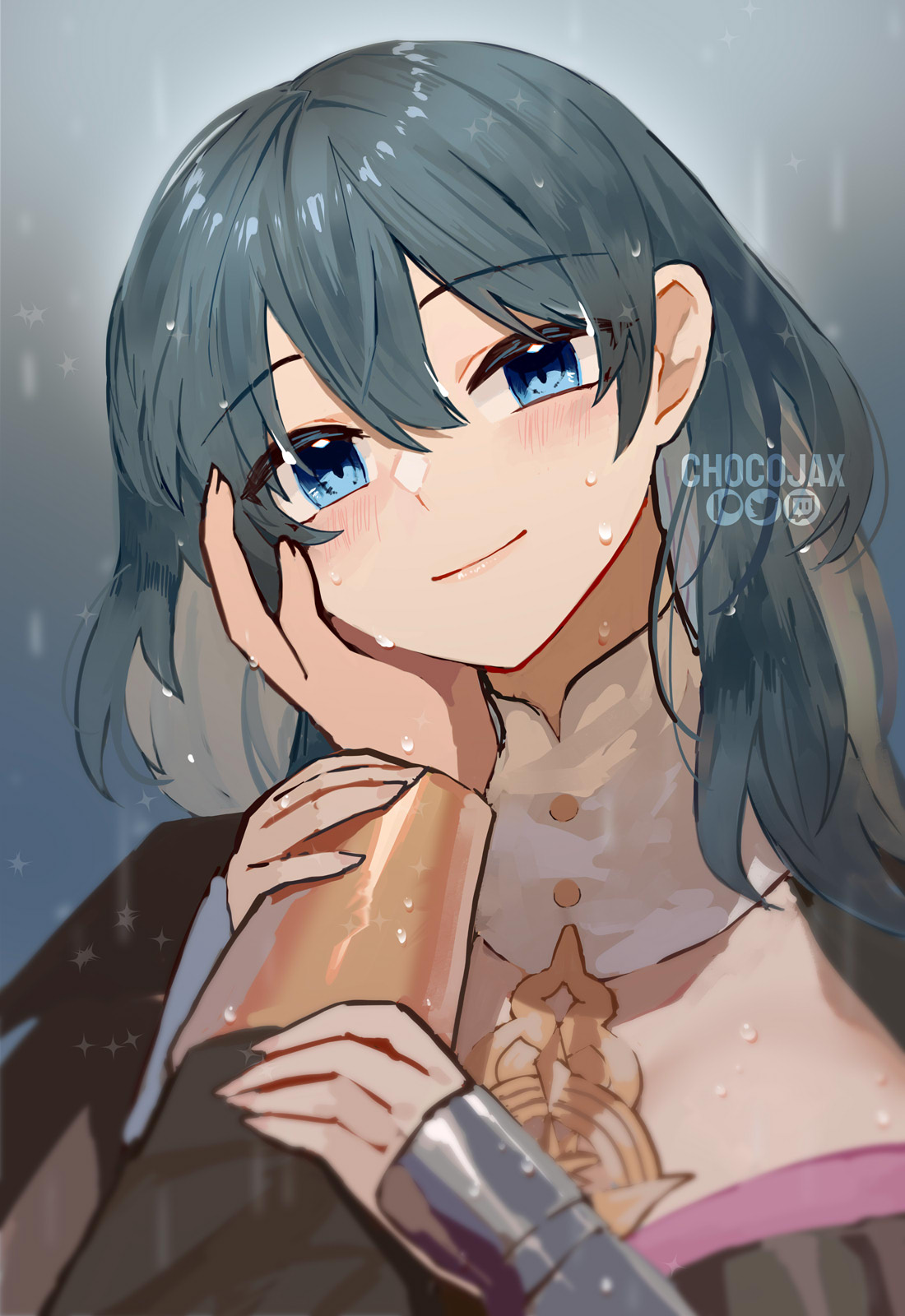 1girl 1other armor blue_eyes blue_hair blush breasts byleth_(female)_(fire_emblem) byleth_(fire_emblem) chocojax detached_collar fire_emblem fire_emblem:_three_houses garreg_mach_monastery_uniform hand_on_another's_cheek hand_on_another's_face highres holding_another's_arm large_breasts light_smile long_hair looking_at_viewer smile twitter_username wet wrist_guards