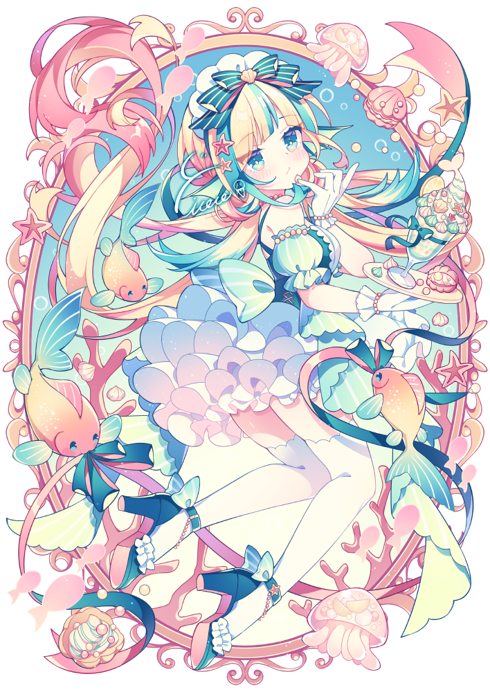 1girl :/ air_bubble bare_shoulders blonde_hair blue_background blue_bow blue_dress blue_eyes blue_hair blunt_bangs blush bow bubble coral dress fins fish food food_on_hand frilled_dress frills fruit gloves hair_bow head_fins high_heels holding holding_plate hyou_(pixiv3677917) ice_cream jellyfish lemon lemon_slice long_hair looking_ahead maid_headdress multicolored_background multicolored_hair orange_(fruit) orange_slice original oyster pink_hair plate puffy_dress simple_background starfish streaked_hair sundae thigh-highs thighs very_long_hair water whipped_cream white_background white_bow white_thighhighs