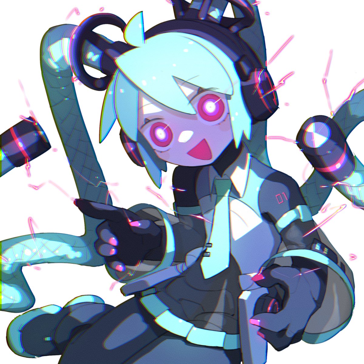 1girl absurdly_long_hair ahoge aqua_hair aqua_necktie bare_shoulders bright_pupils cable cable_hair cheri_zao cropped_legs detached_collar detached_sleeves electricity electrokinesis eye_trail hair_between_eyes hair_ornament hatsune_miku head_tilt headgear headphones headset highres joints light_trail long_hair looking_at_viewer mecha_musume mechanical_parts mechanization necktie number_tattoo open_mouth pink_eyes pink_nails pointing ringed_eyes robot_girl robot_joints see-through see-through_skirt see-through_sleeves shaded_face simple_background sitting skirt smile solo tattoo twintails very_long_hair vocaloid white_background white_pupils yokozuwari