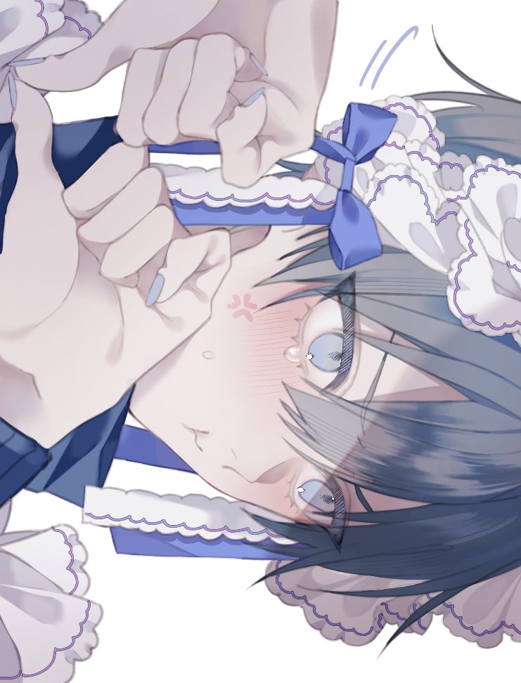 1boy anger_vein blue_eyes blue_hair blue_jacket blue_lock blue_nails blush closed_mouth crossdressing heart heart_hands isagi_yoichi jacket long_sleeves looking_away maid maid_headdress male_focus portrait pout short_hair sideways simple_background solo tearing_up uu_bll white_background