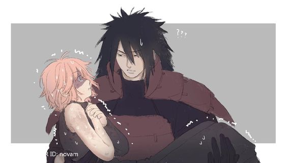 1boy 1girl black_hair carrying carrying_person couple haruno_sakura naruto naruto_(series) naruto_shippuuden pink_hair uchiha_madara