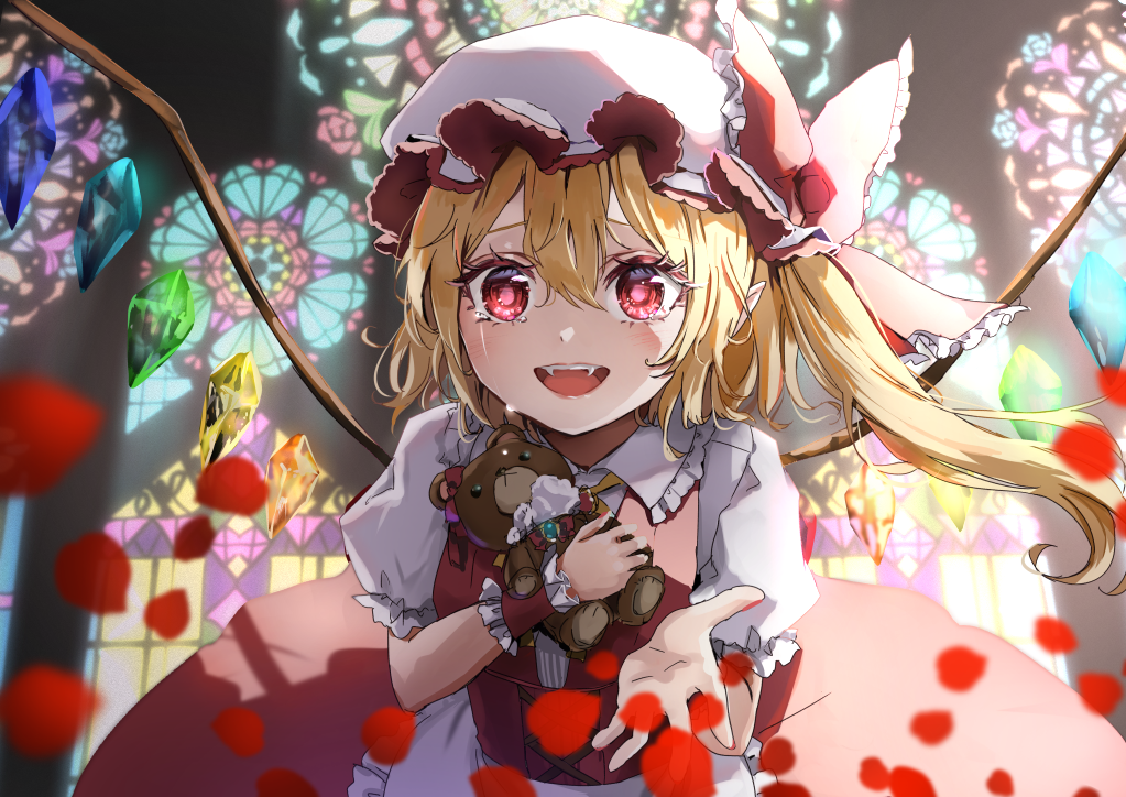 1girl blonde_hair blush collared_shirt crystal fangs flandre_scarlet frilled_sleeves frills hair_between_eyes hat holding holding_stuffed_toy long_hair looking_at_viewer mob_cap one_side_up open_mouth petals pointy_ears puffy_short_sleeves puffy_sleeves red_eyes red_skirt red_vest shironeko_yuuki shirt short_sleeves skirt smile solo stained_glass stuffed_animal stuffed_toy teddy_bear touhou upper_body vest white_headwear white_shirt wings