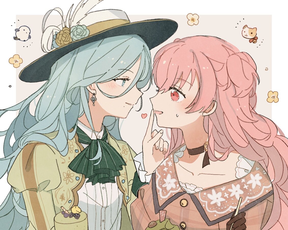 2girls ascot bird blue_flower blue_hair blue_rose blush boater_hat border brown_background brown_gloves cat commentary dress earrings feathers finger_to_another's_mouth flower gloves green_ascot hair_bun hat hat_feather hat_flower heart hinomori_shizuku jacket jewelry light_blue_hair long_hair long_sleeves momoi_airi multiple_girls navel open_mouth parted_lips pink_dress pink_hair project_sekai puffy_sleeves rose seri_(vyrlw) shirt sidelocks simple_background sweat swept_bangs symbol-only_commentary upper_body wavy_hair white_background white_feathers white_shirt yellow_flower yellow_jacket yellow_rose yuri
