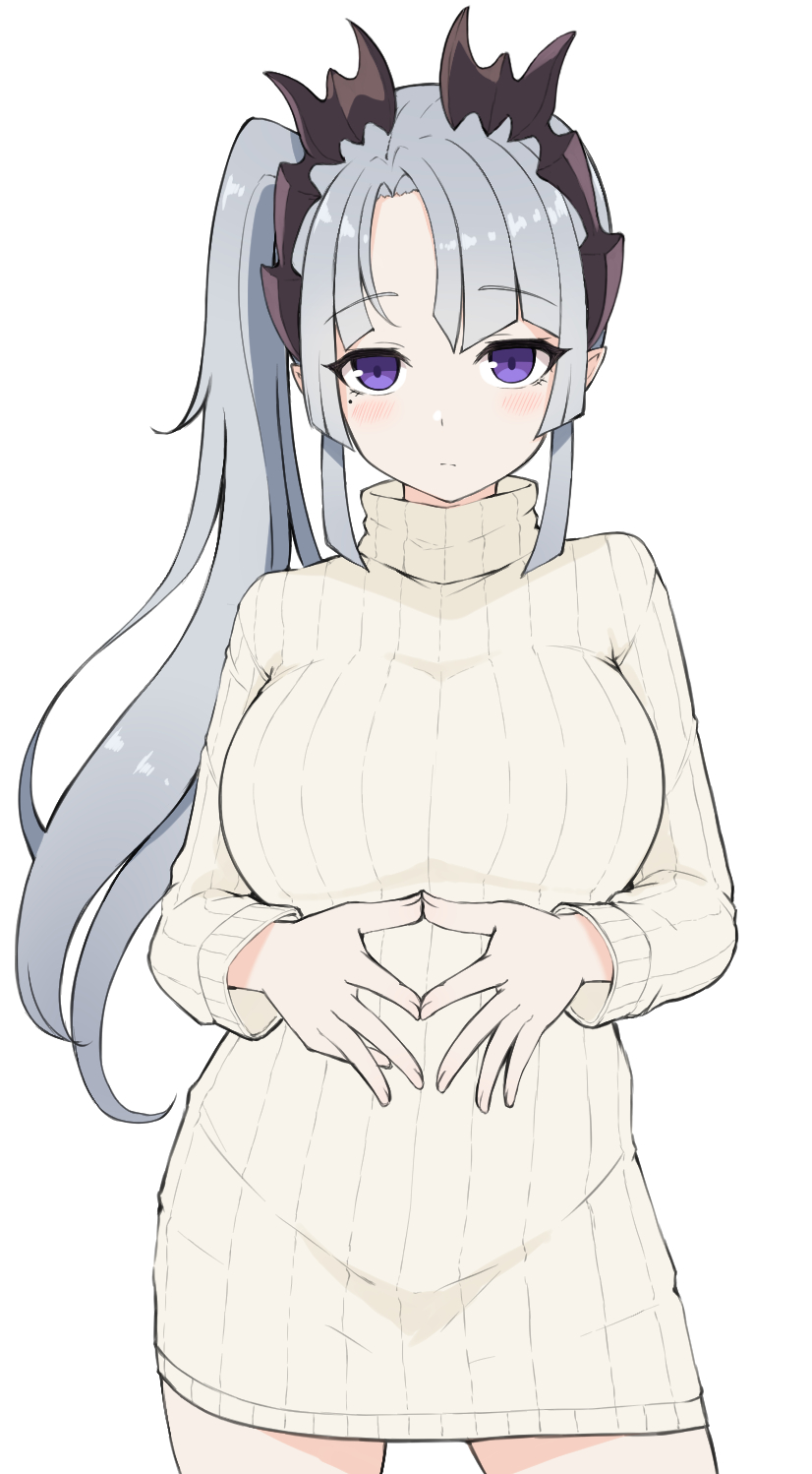 1girl blush breasts closed_mouth commentary_request grey_hair highres honey_strap horns large_breasts long_hair looking_at_viewer mole mole_under_eye nanashi_inc. parted_bangs ribbed_sweater side_ponytail simple_background solo sougetsu_eli sweater temari_rin turtleneck turtleneck_sweater very_long_hair violet_eyes virtual_youtuber white_background white_sweater