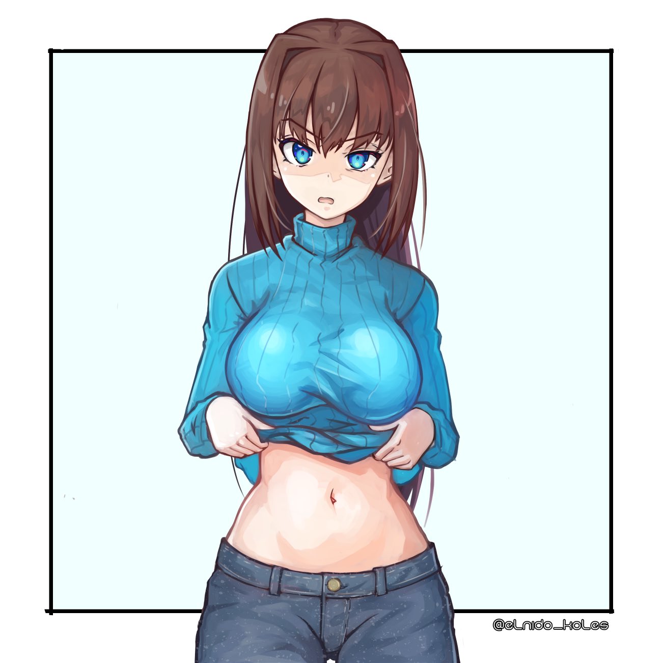 1girl annoyed aozaki_aoko blue_eyes blue_sweater breasts brown_hair clothes_lift commentary denim disgust hair_intakes highres jeans kore_(kore) large_breasts long_hair mahou_tsukai_no_yoru navel pants shirt_lift simple_background solo stomach sweater turtleneck turtleneck_sweater twitter_username type-moon