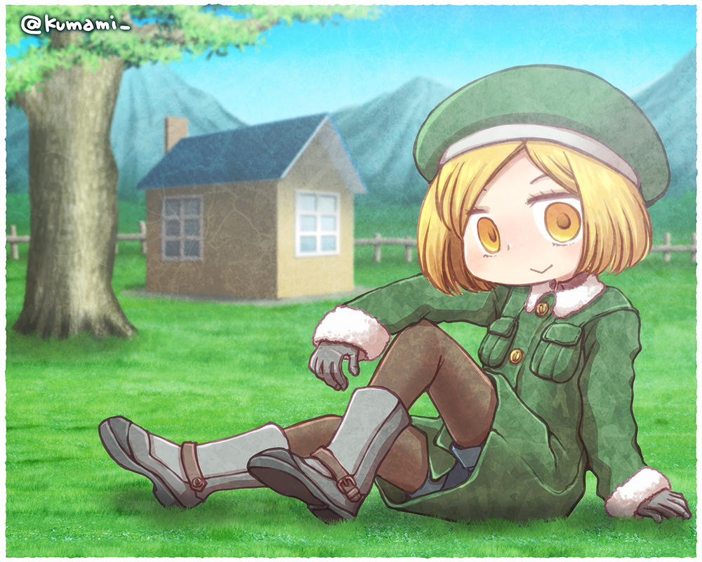 1girl blonde_hair boots fate/grand_order fate_(series) gloves green_headwear grey_footwear house kumami_(shimazaki_misae) on_grass outdoors pantyhose paul_bunyan_(fate) short_hair sitting smile solo tree twitter_username yellow_eyes