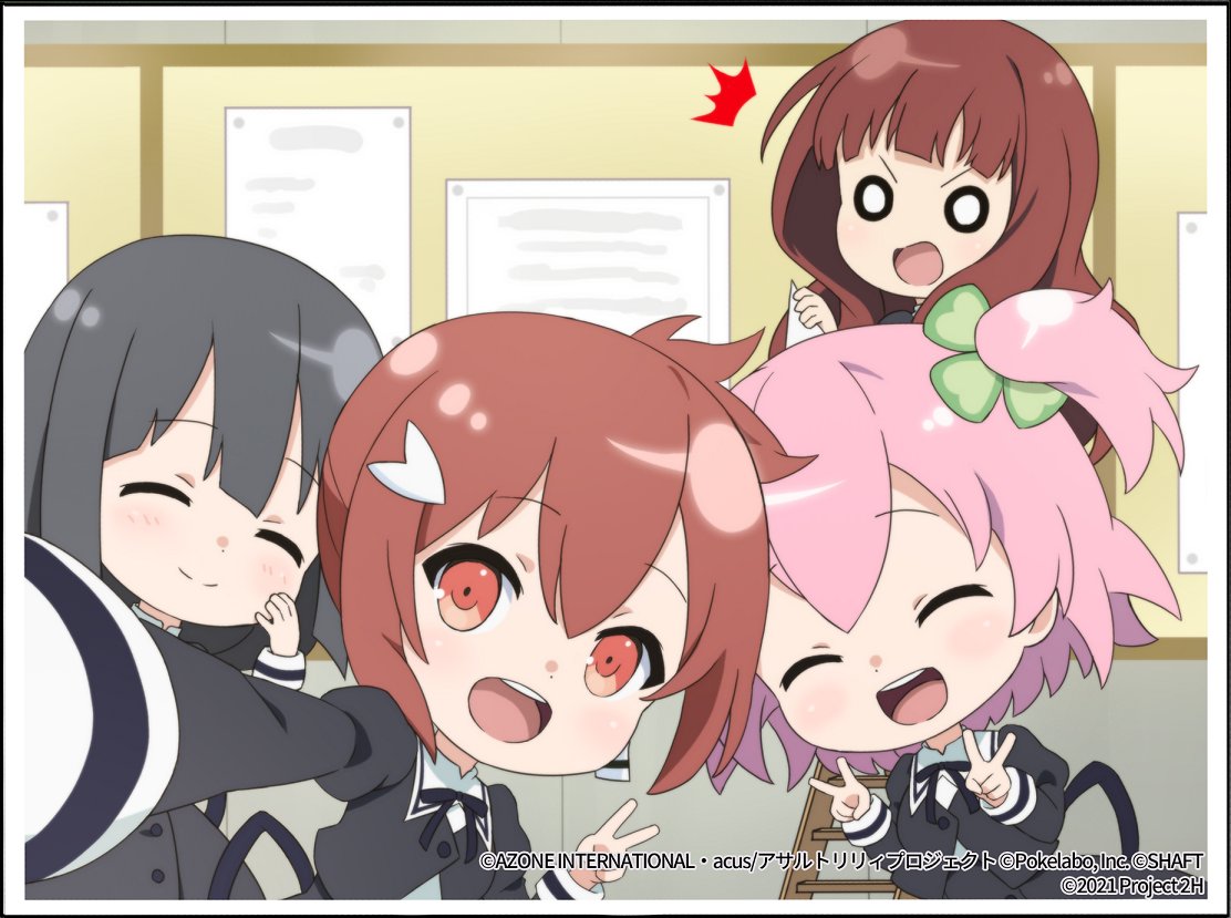 4girls :d ^^^ ^_^ assault_lily black_hair black_ribbon black_skirt blunt_bangs board brown_hair buttons chibi closed_eyes clover_hair_ornament commentary_request cropped_jacket crossover double_v four-leaf_clover_hair_ornament hair_ornament hand_on_own_cheek hand_on_own_face hand_up hands_up high-waist_skirt hitotsuyanagi_riri holding holding_paper indoors juliet_sleeves kaede_johan_nouvel ladder long_hair long_sleeves looking_at_viewer looking_back multiple_girls neck_ribbon o_o official_art one_side_up open_mouth outstretched_arm paper pink_hair puffy_sleeves reaching reaching_towards_viewer red_eyes ribbon school_uniform selfie shirt short_hair sidelocks skirt smile standing stepladder teeth tougou_mimori upper_teeth_only v v-shaped_eyebrows watermark white_shirt yurigaoka_girls_academy_school_uniform yuuki_yuuna yuuki_yuuna_wa_yuusha_de_aru yuusha_de_aru